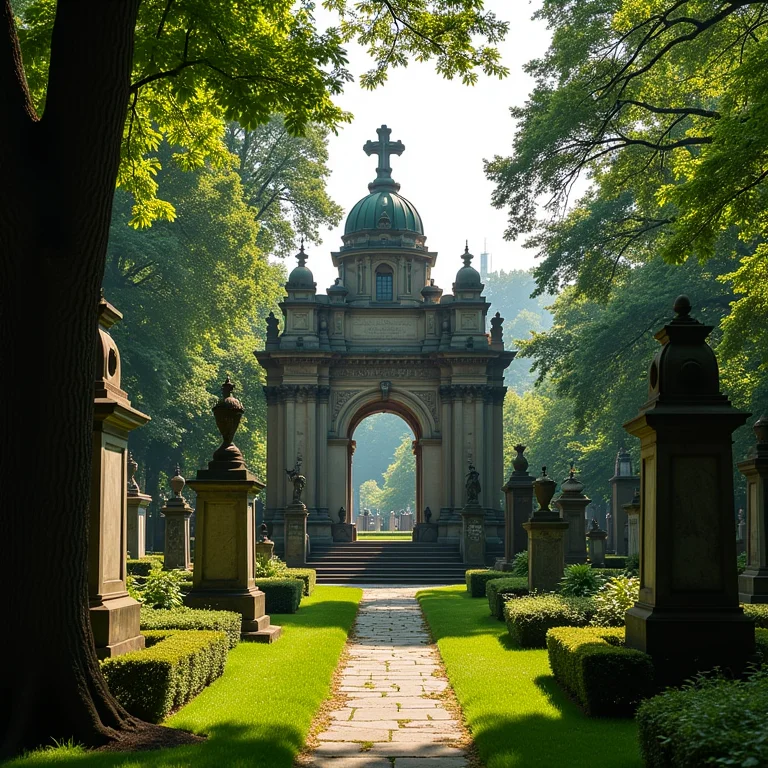 Monumento histórico e vegetação exuberante no cemitério Green-Wood.