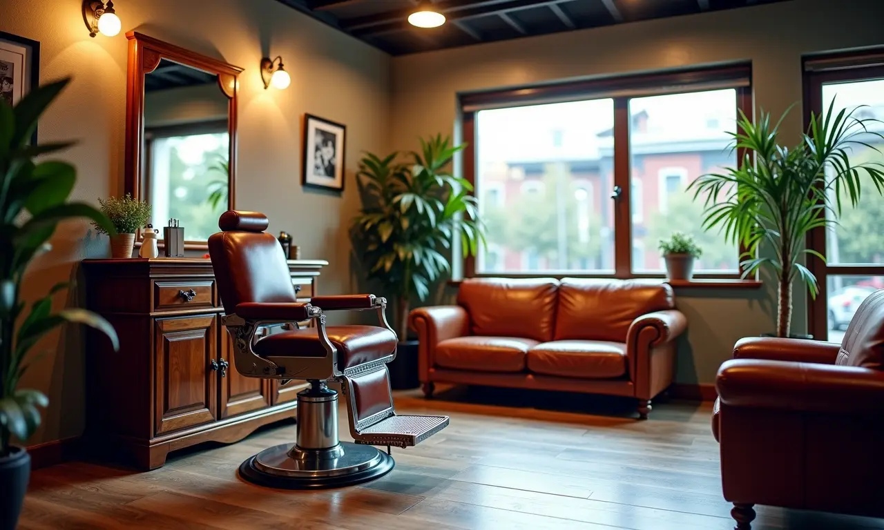 Móveis e acessórios estilosos em uma barbearia.