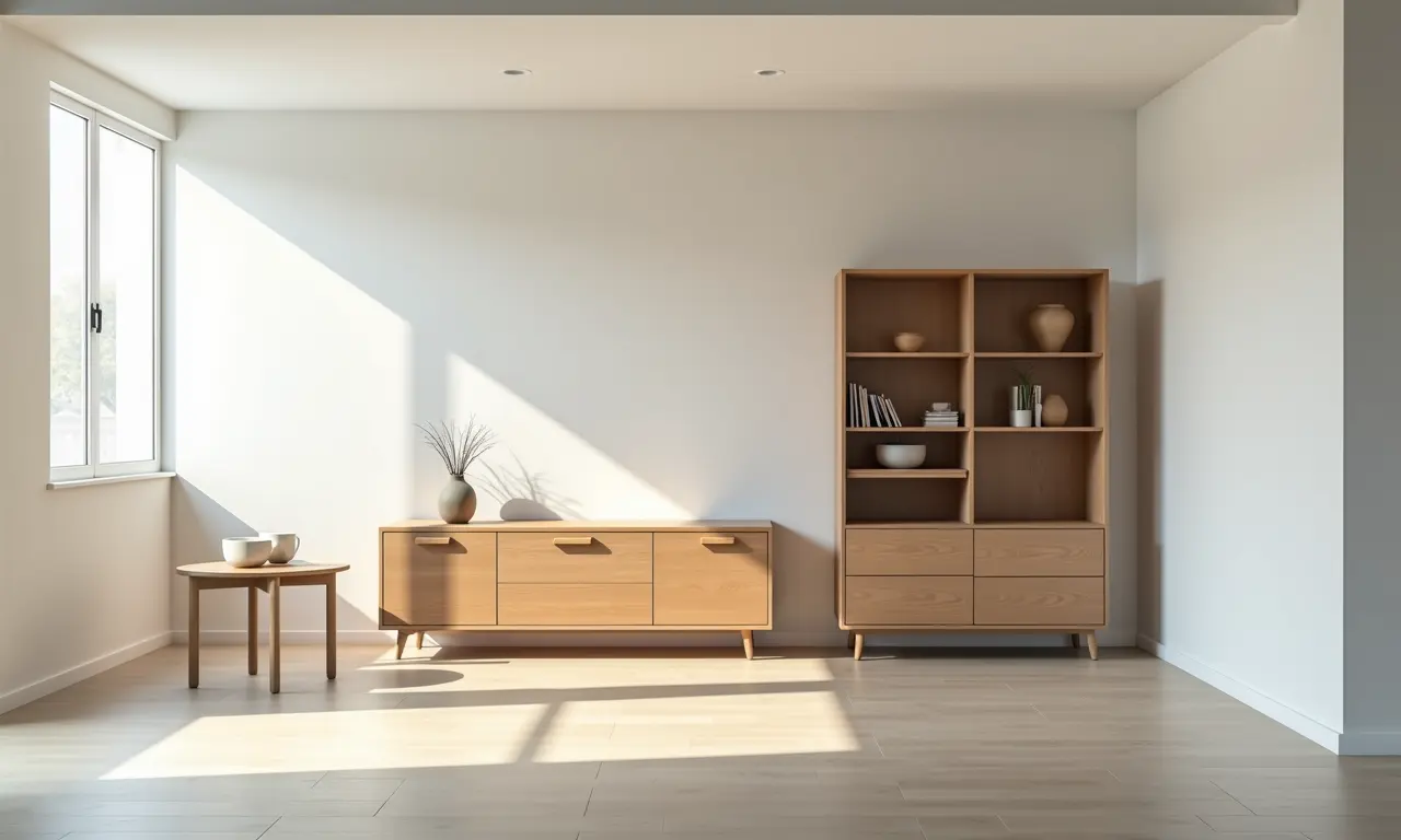 Móveis multifuncionais em ambiente minimalista, otimizando o espaço.