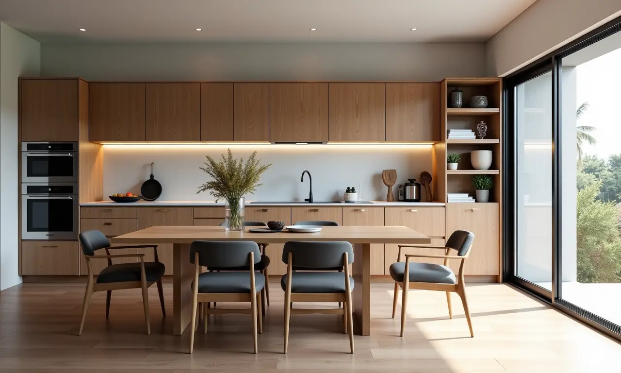 Móveis multifuncionais otimizando espaço em cozinha americana.