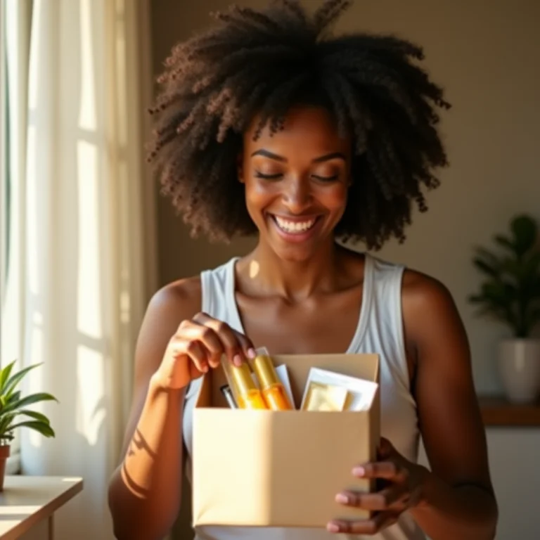 Mulher abrindo pacote com amostras grátis de programas de fidelidade