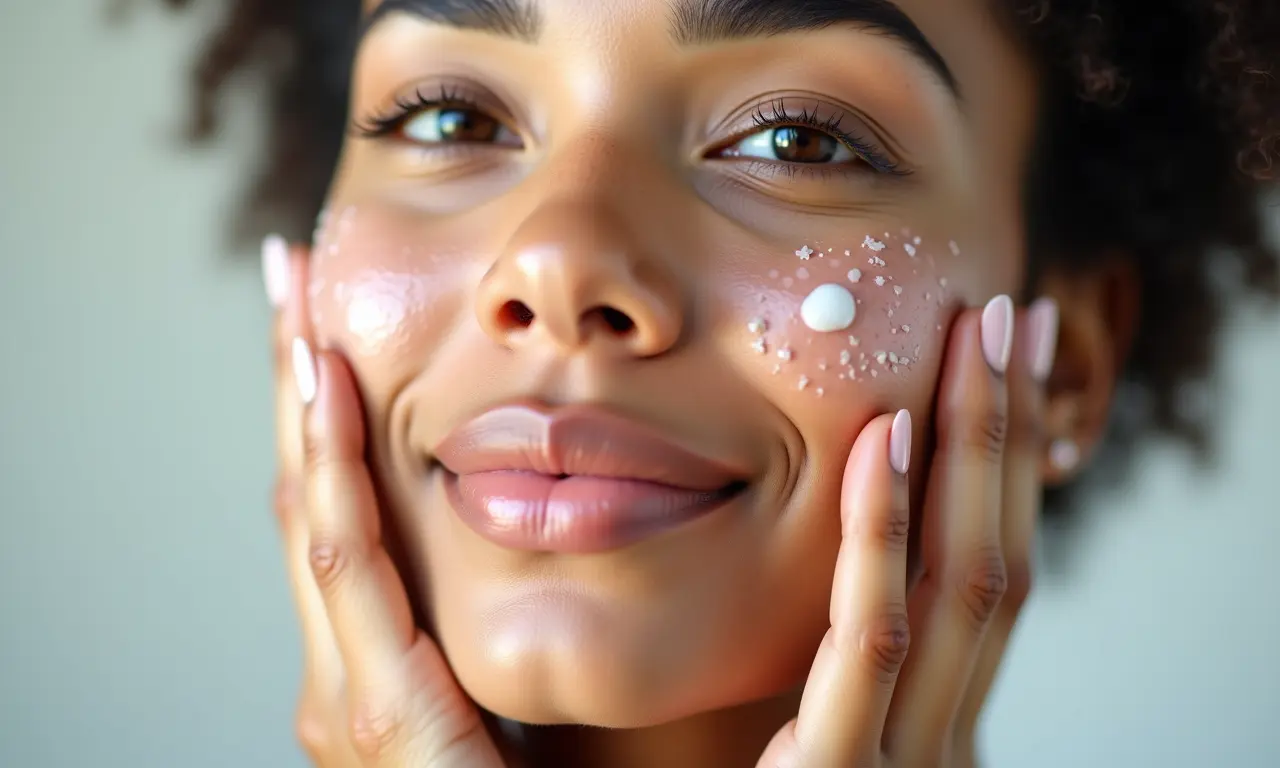 Mulher acalmando a pele com essência facial, aliviando a vermelhidão.