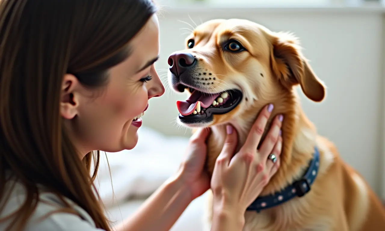 Mulher acariciando um cão com coleira, demonstrando afeto e carinho.