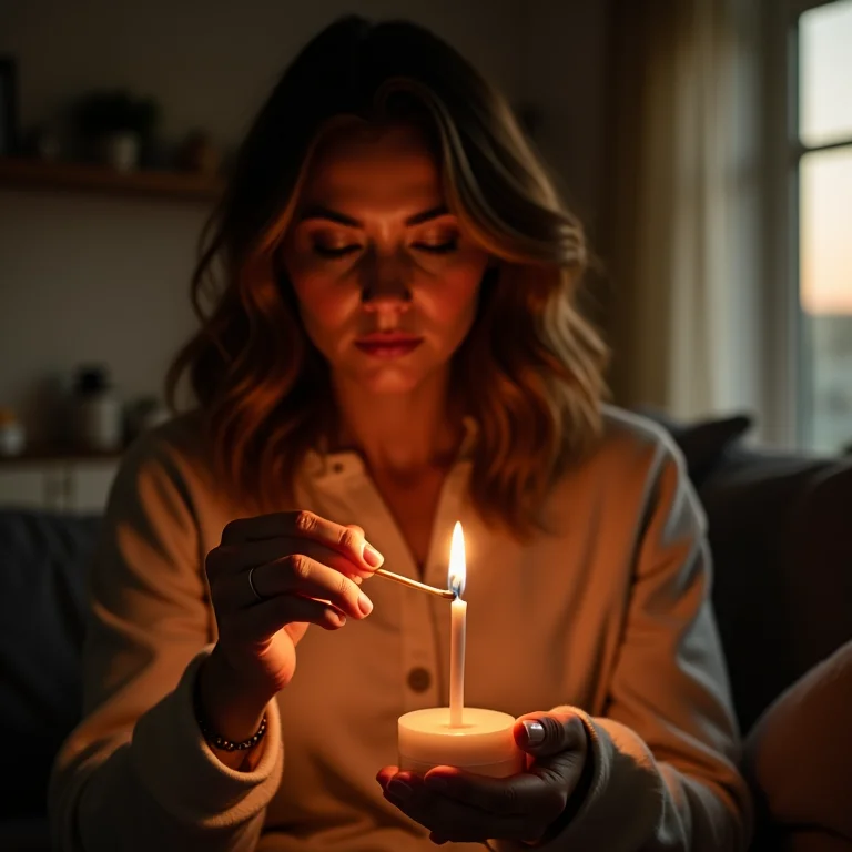 Mulher acendendo vela aromática com segurança