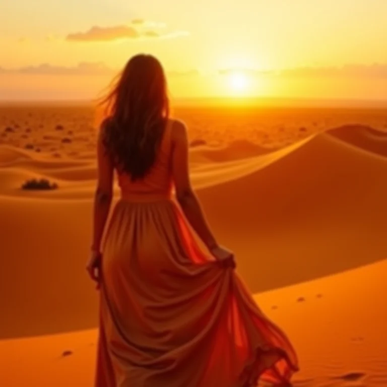 Mulher admirando a imensidão do Deserto do Saara ao pôr do sol