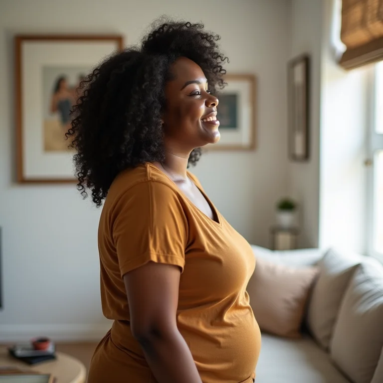 Mulher admirando sua parede de quadros na sala de estar.