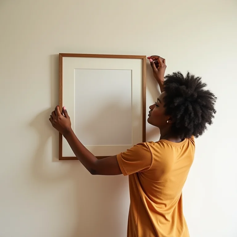 Mulher ajustando quadro na parede.