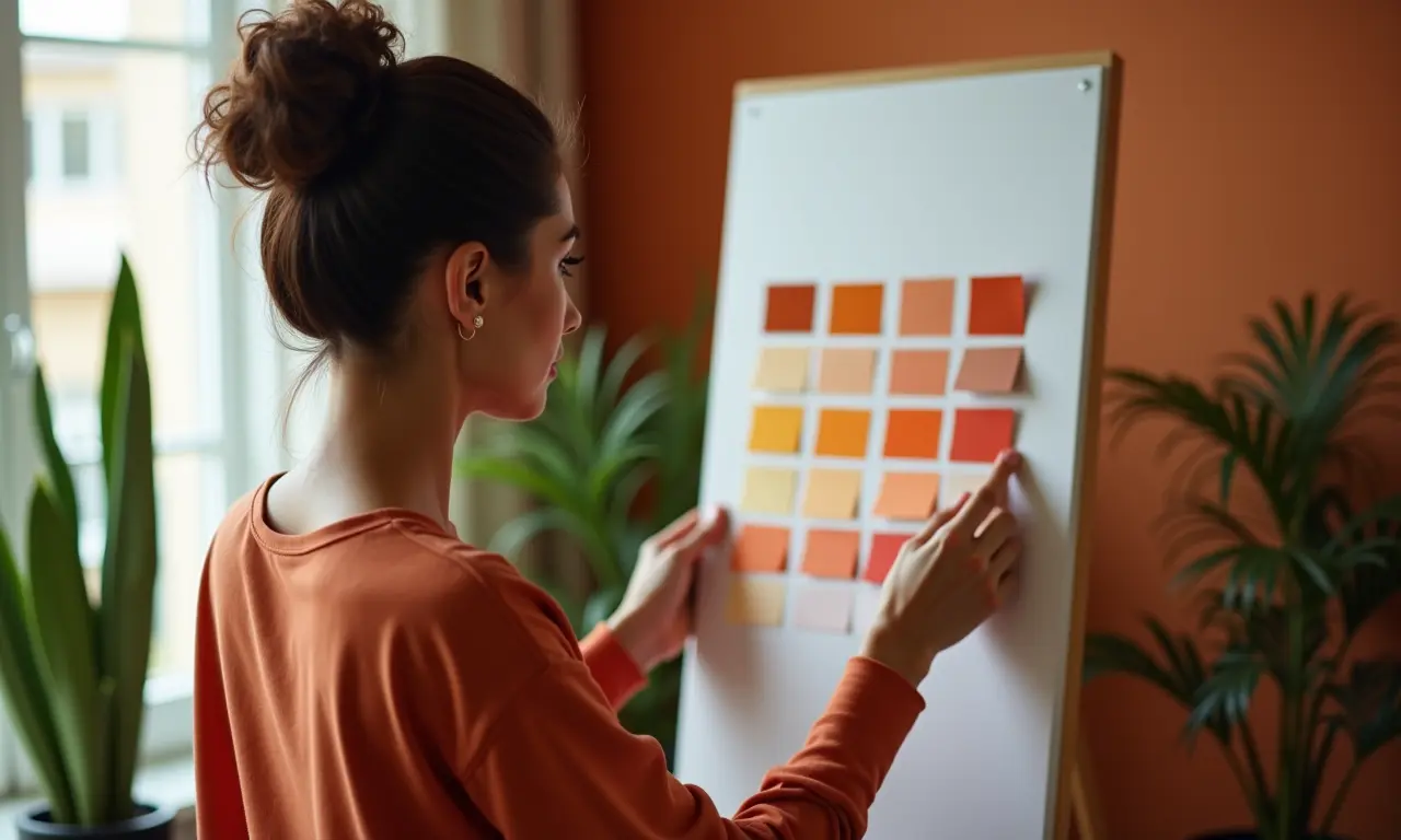 Mulher analisando amostras de cores outono suave em frente ao espelho.
