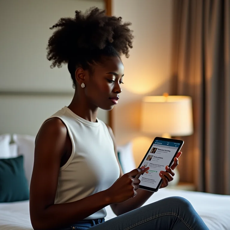 Mulher analisando avaliações de hotéis em um tablet.