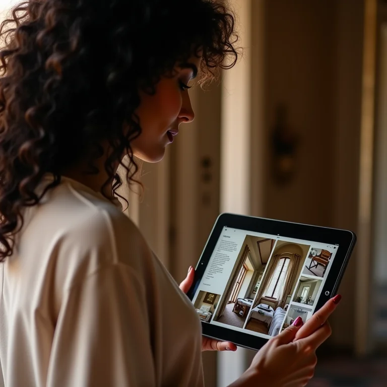 Mulher analisando fotos e descrição dos quartos de uma pousada em um tablet.