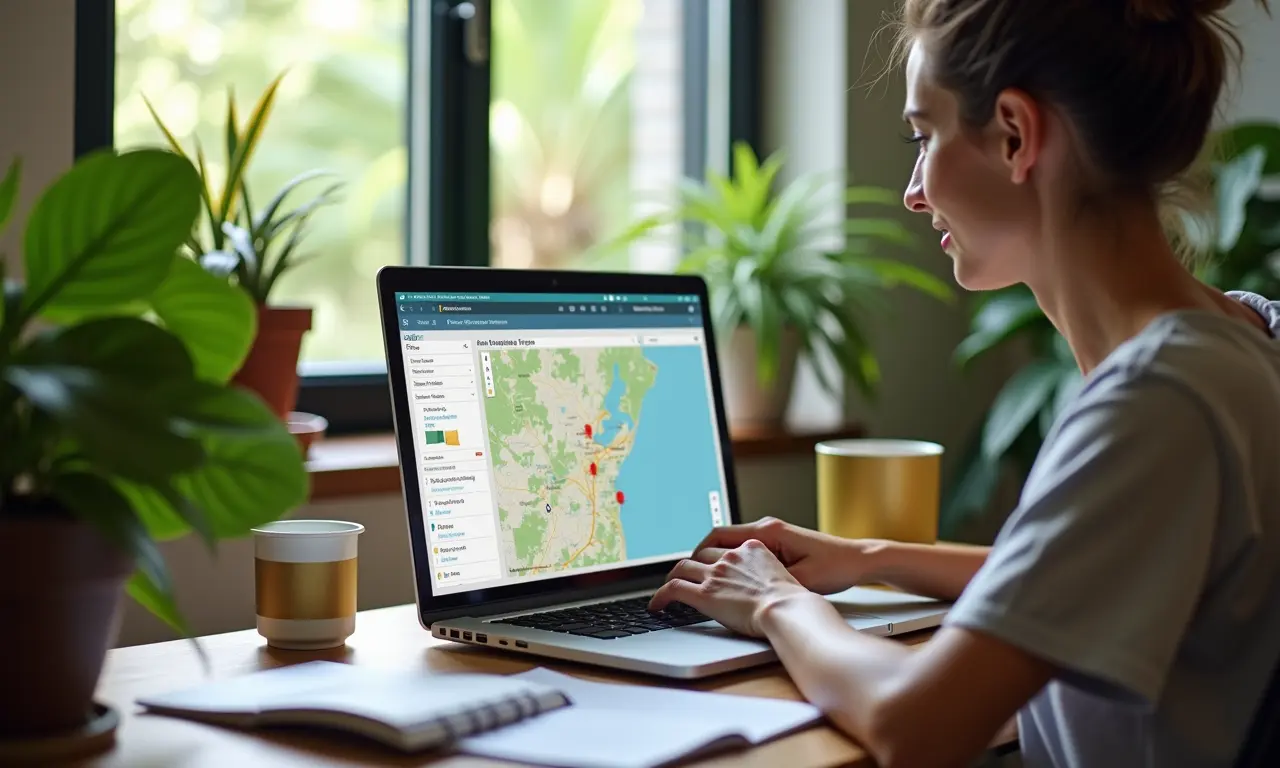 Mulher analisando mapas online em um escritório decorado com estilo brasileiro.