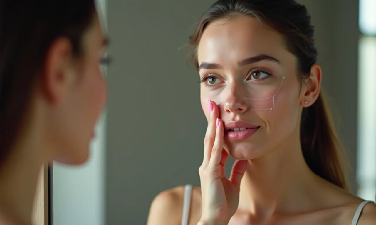 Mulher analisando o formato do rosto em frente ao espelho.