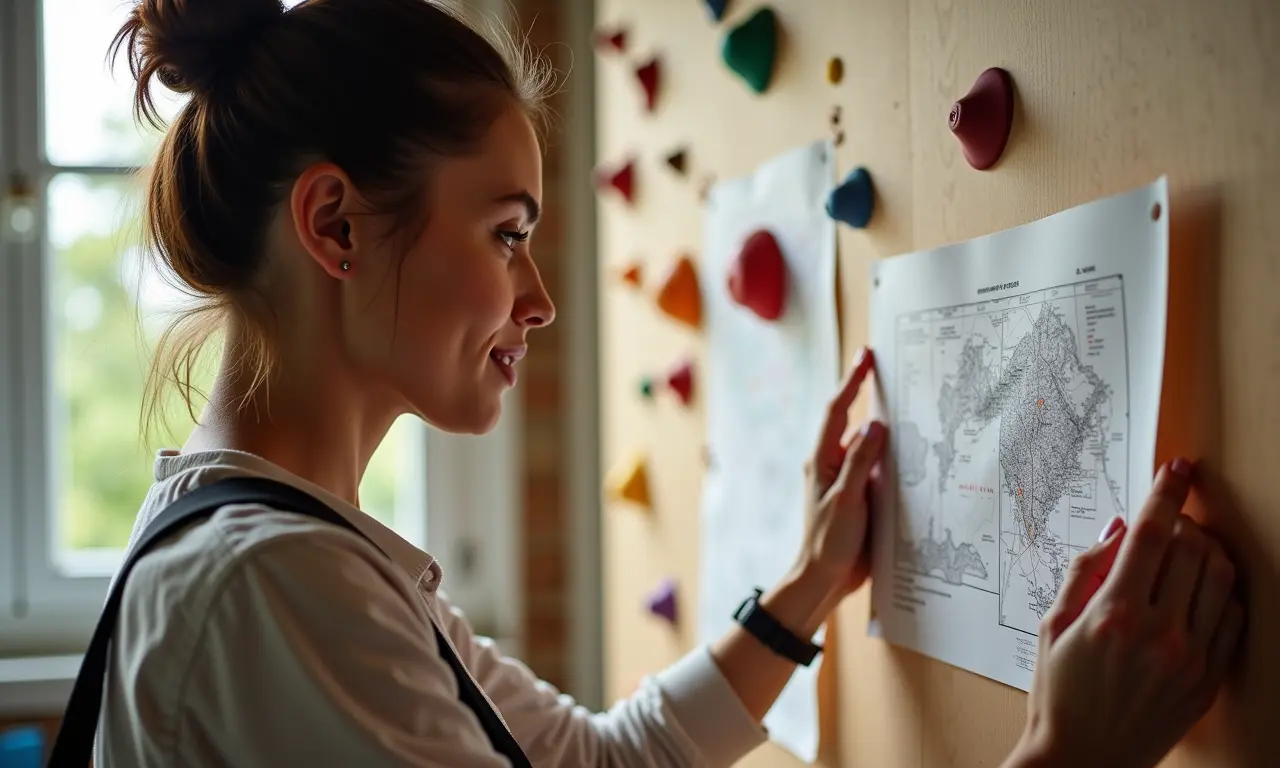 Mulher analisando projetos para parede de escalada infantil em casa.