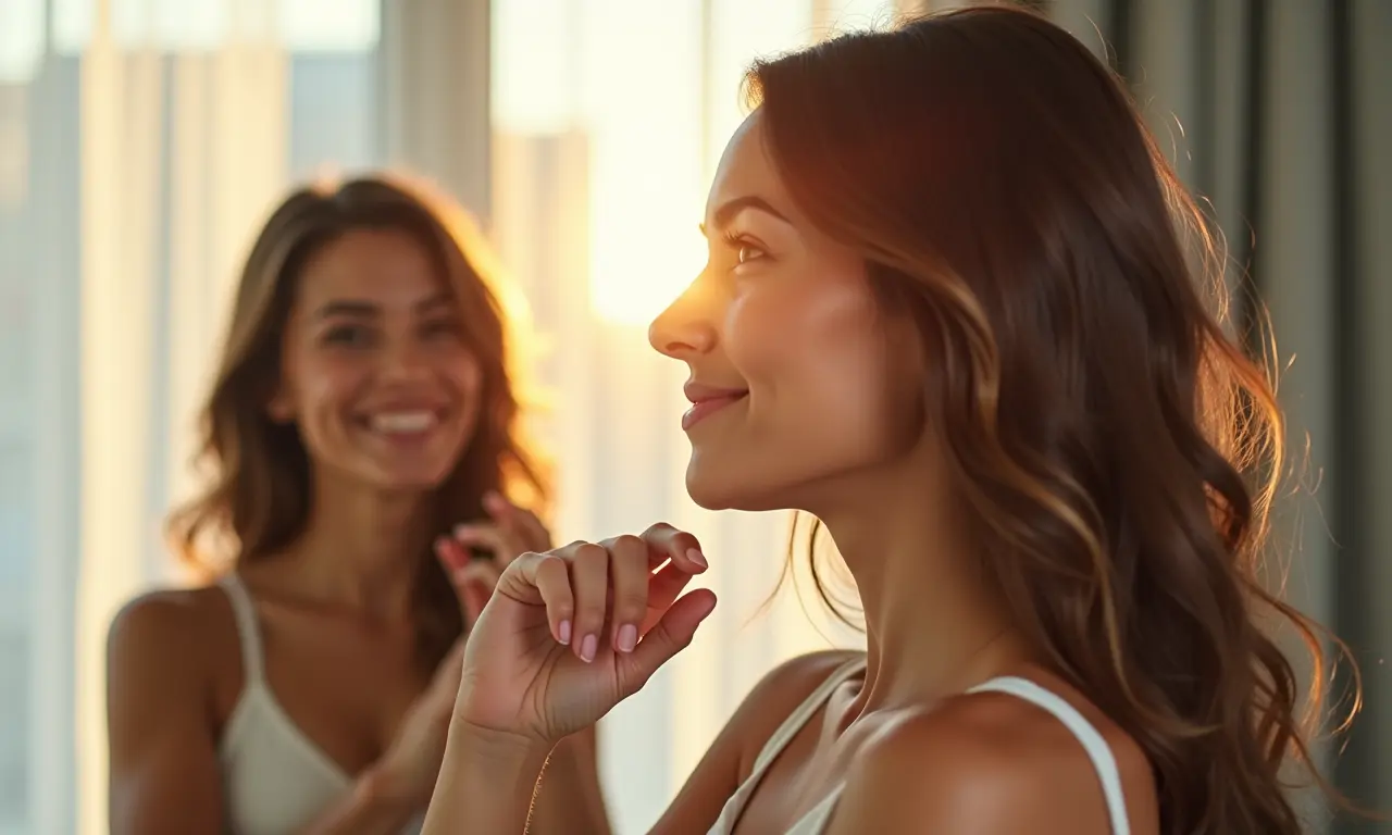 Mulher analisando seu cabelo no espelho, com luz solar entrando.