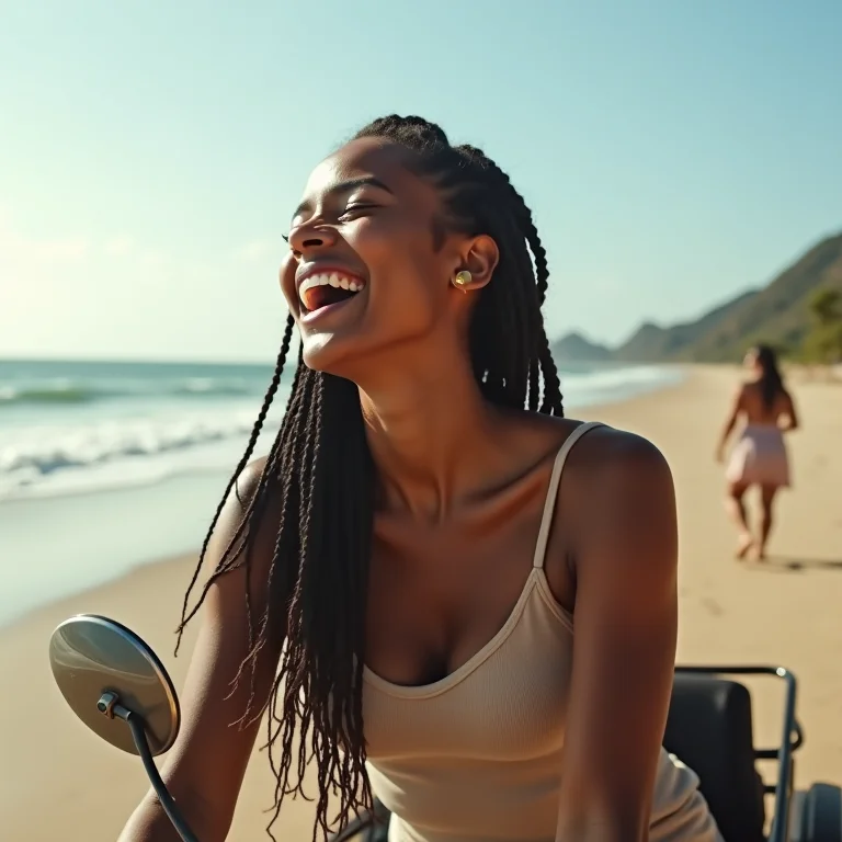 Mulher andando de buggy na praia de Cumbuco