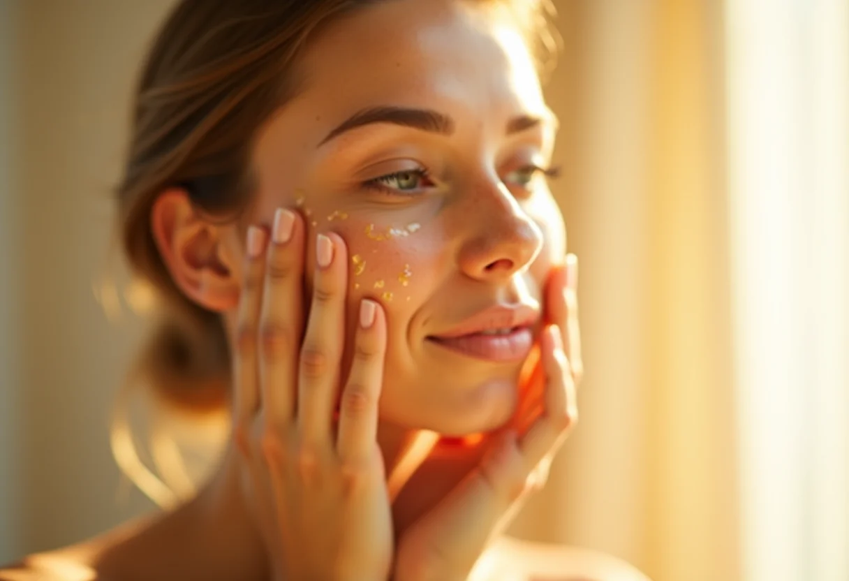 Mulher aplicando cleansing oil no rosto com pele radiante