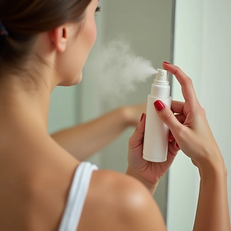 Mulher aplicando desodorante em spray de Leite de Magnésia na axila.
