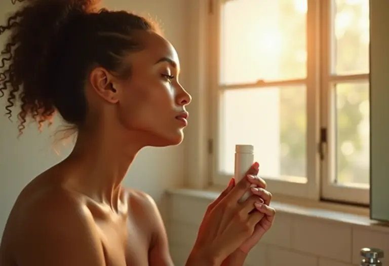Mulher aplicando desodorante natural em frente ao espelho