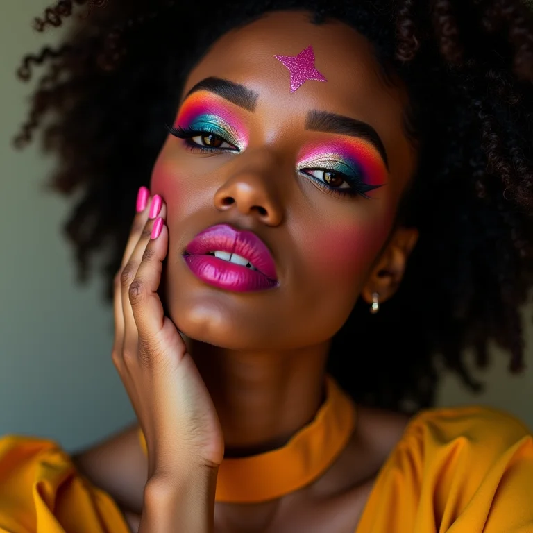 Mulher aplicando maquiagem colorida e com glitter para o Carnaval.