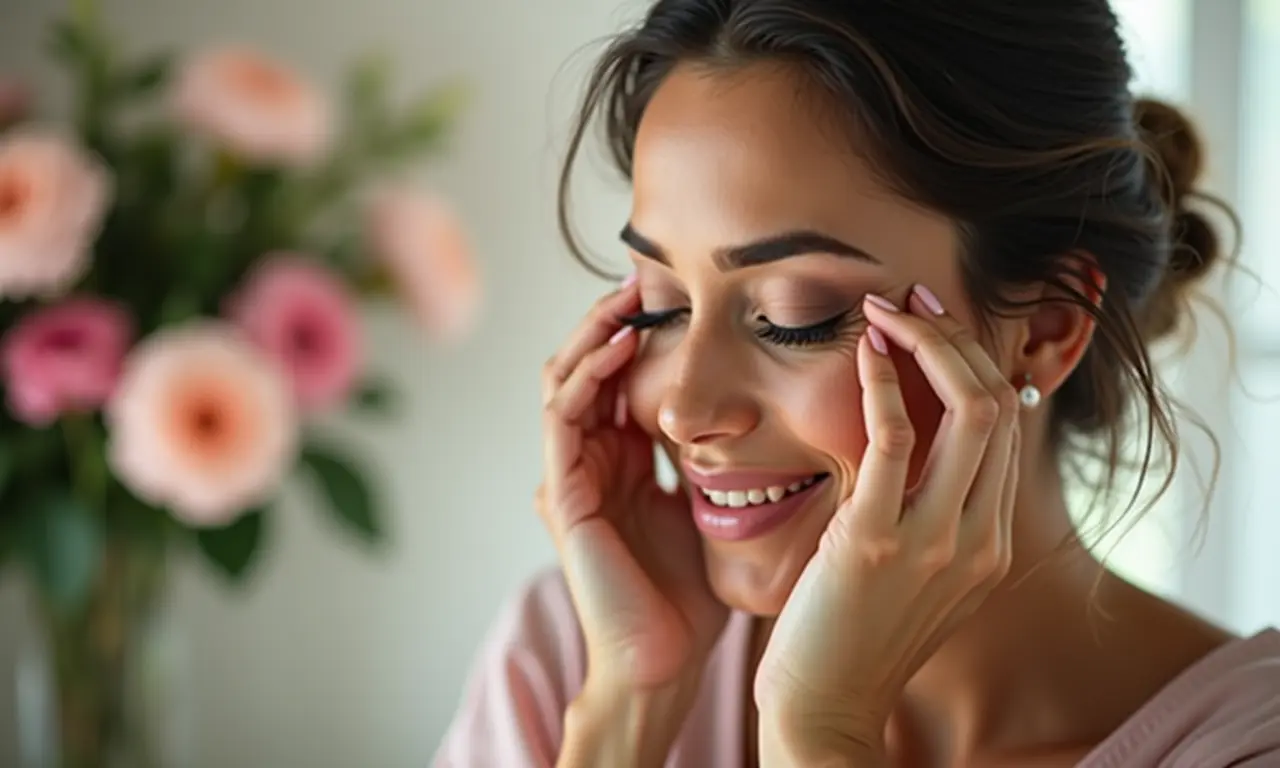 Mulher aplicando maquiagem leve para formatura diurna, com luz natural e vestido simples.