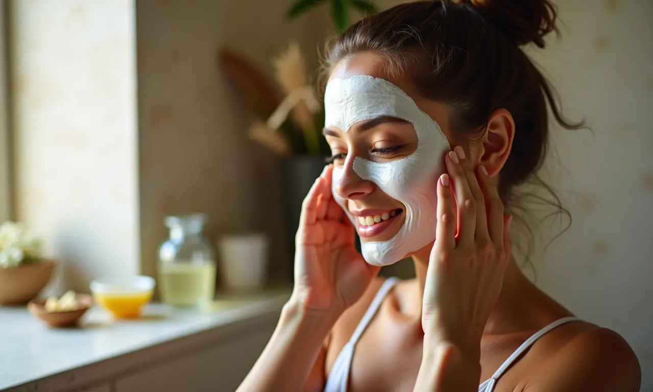 Mulher aplicando máscara capilar com ingredientes naturais em um banheiro estilo Farm Rio.