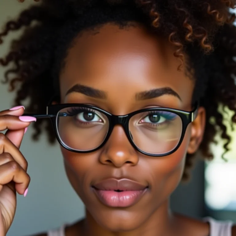 Mulher aplicando máscara de cílios com óculos