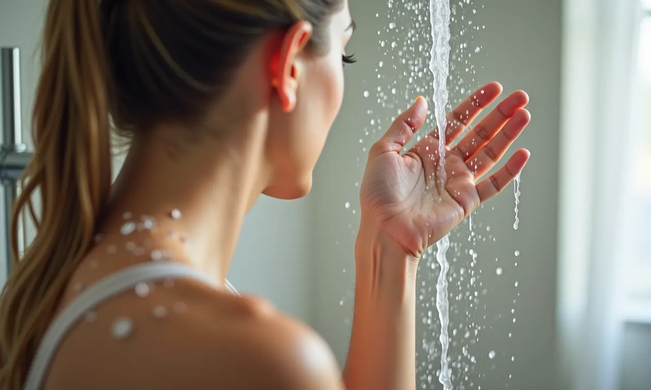 Mulher aplicando óleo corporal com enxágue durante o banho.