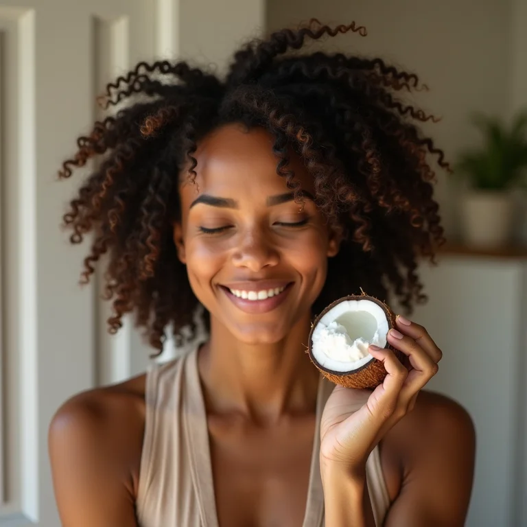 Mulher aplicando óleo de coco no cabelo cacheado.