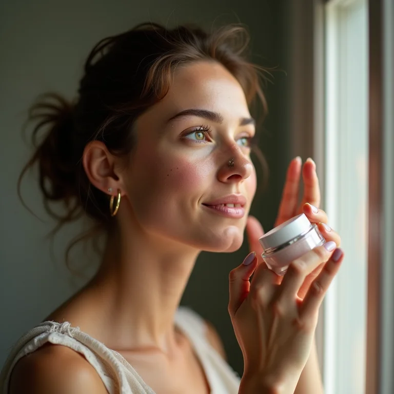 Mulher aplicando produto de skincare com storytelling.