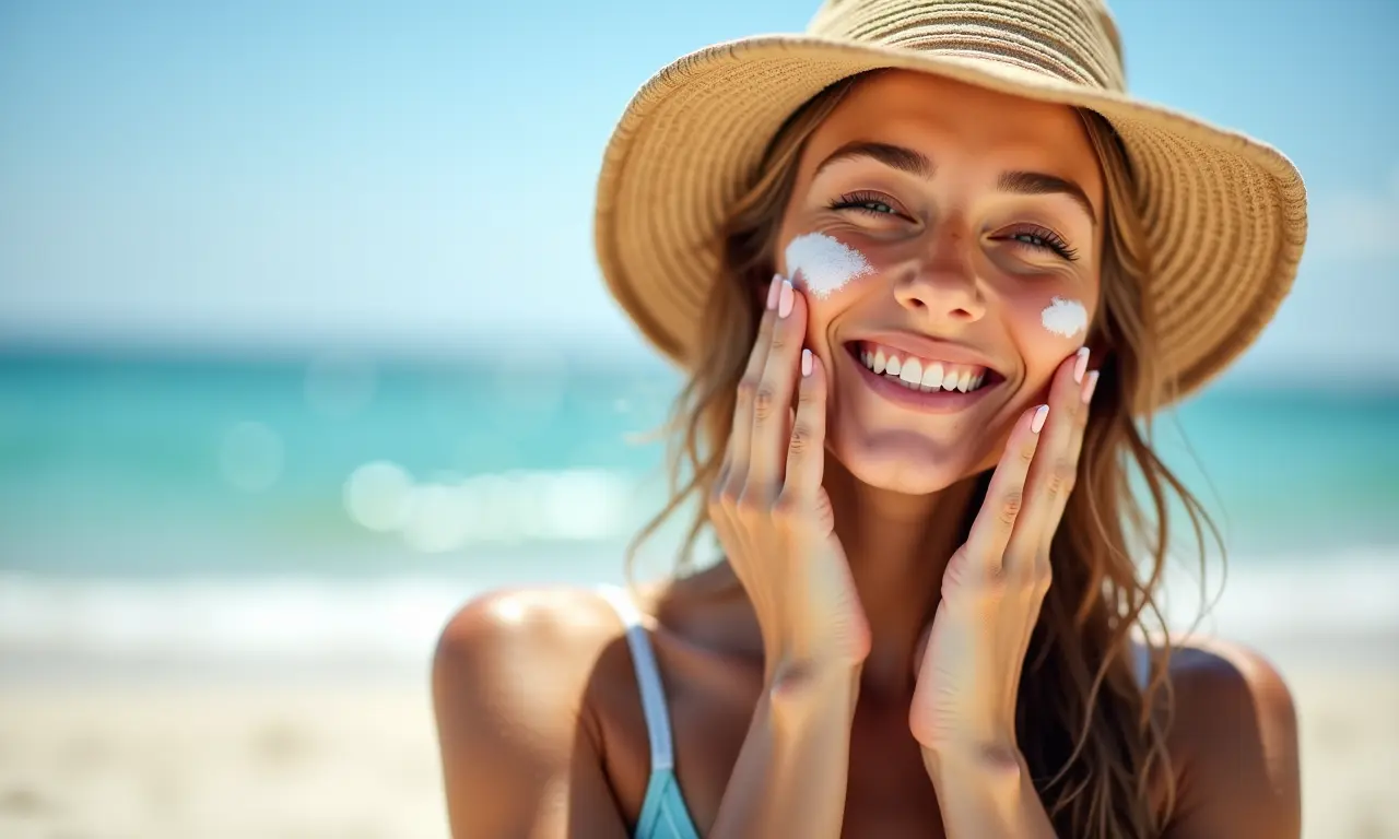 Mulher aplicando protetor solar na praia, dicas de verão.