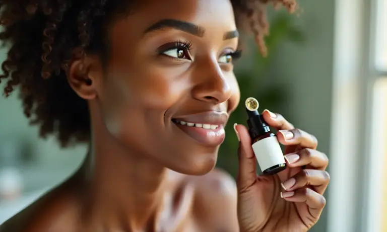 Mulher aplicando sérum probiótico no rosto com pele radiante.