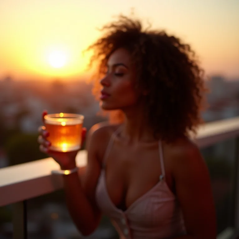 Mulher apreciando a vista de um rooftop em Madrid.