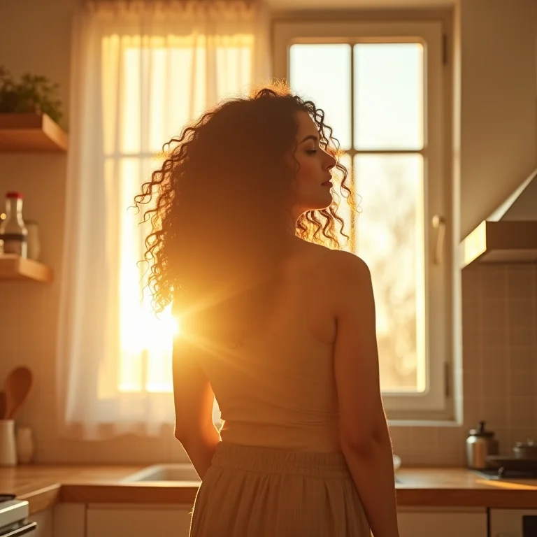 Mulher aproveitando a luz natural na cozinha