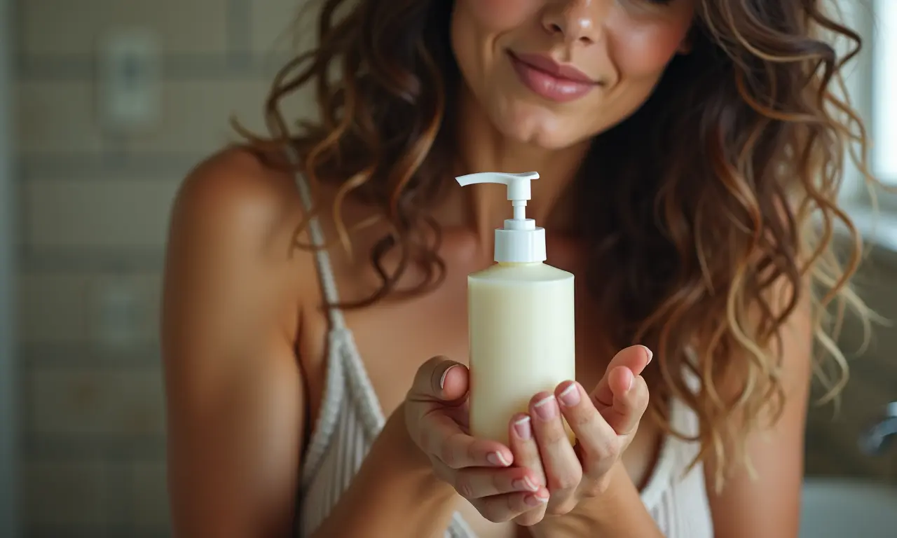 Mulher avaliando um frasco de sabonete íntimo no banheiro.