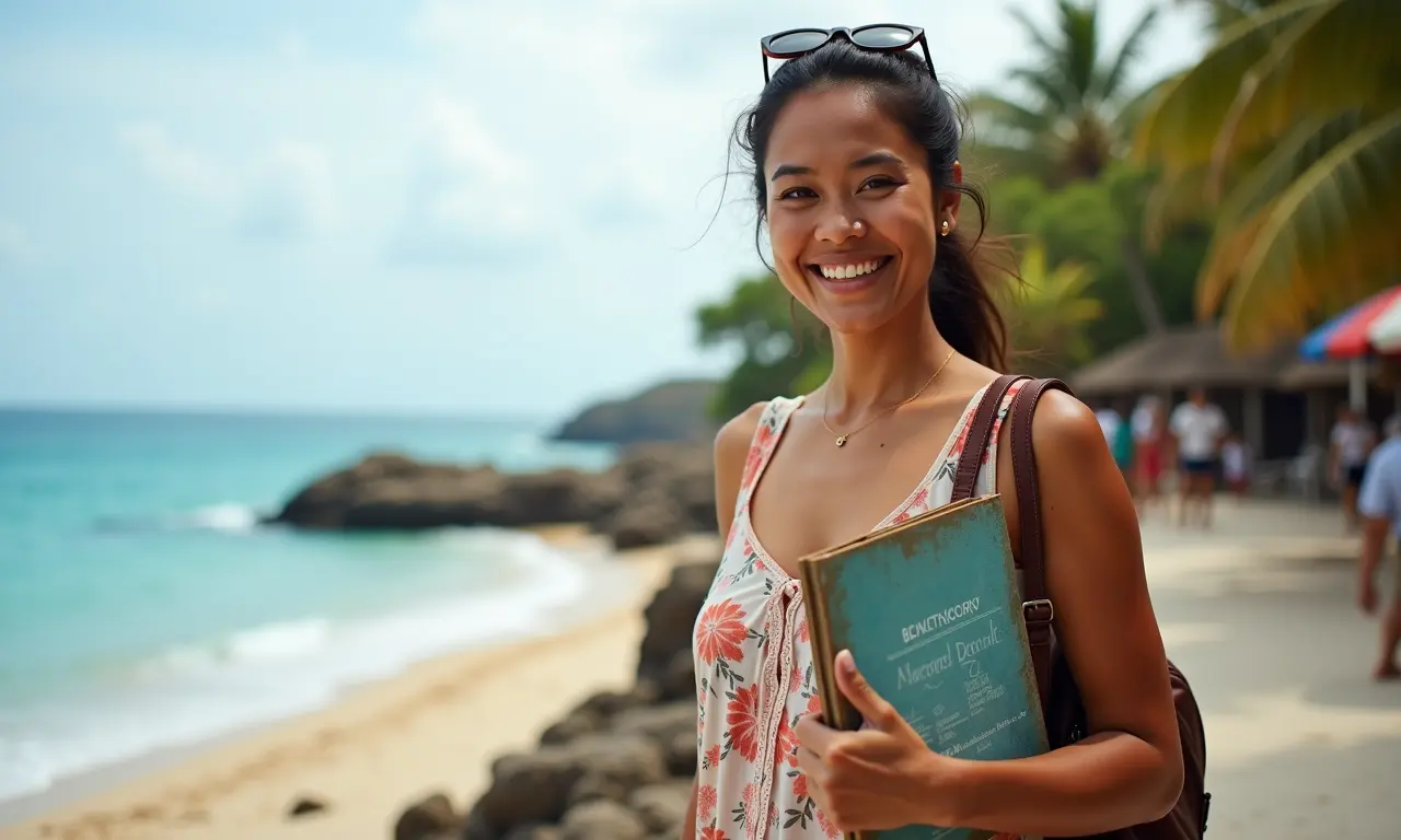 Mulher baiana sorrindo segurando um guia de viagem da costa.