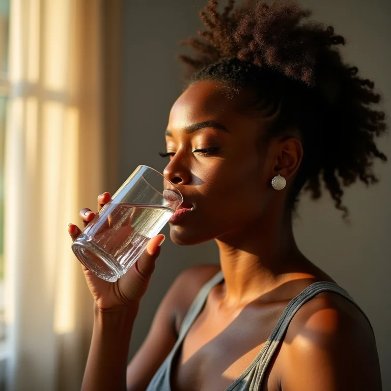 Mulher bebendo água em um copo de vidro