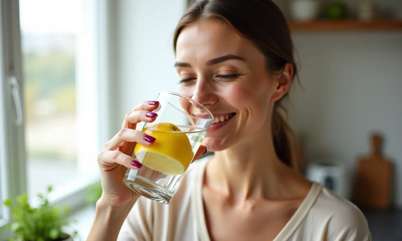 Mulher bebendo um copo de água com limão na cozinha.