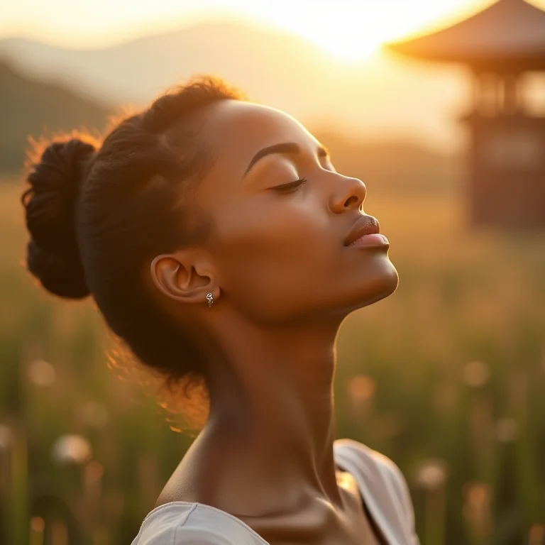 Mulher branca meditando em frente à pagoda