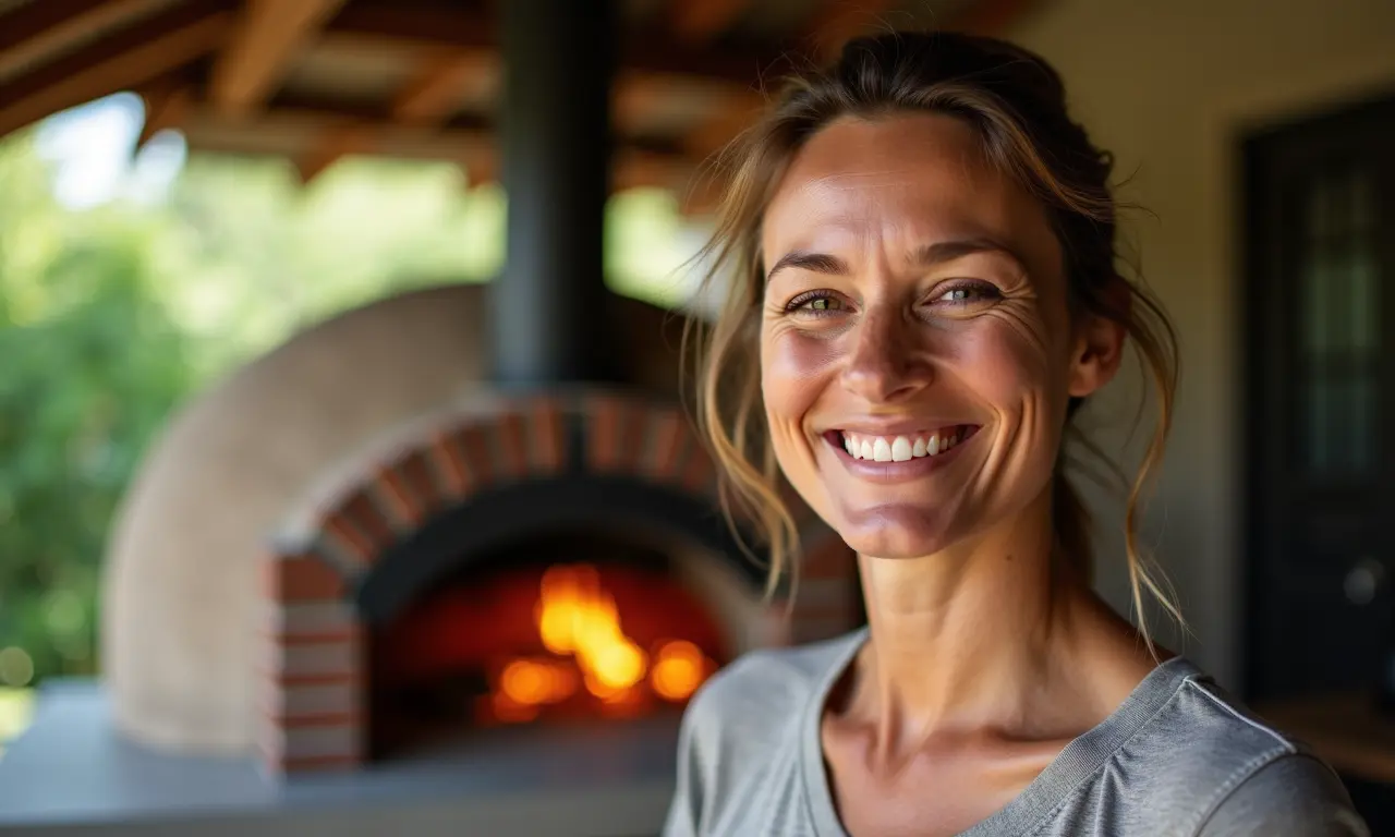 Mulher brasileira admirando seu novo forno a lenha externo.