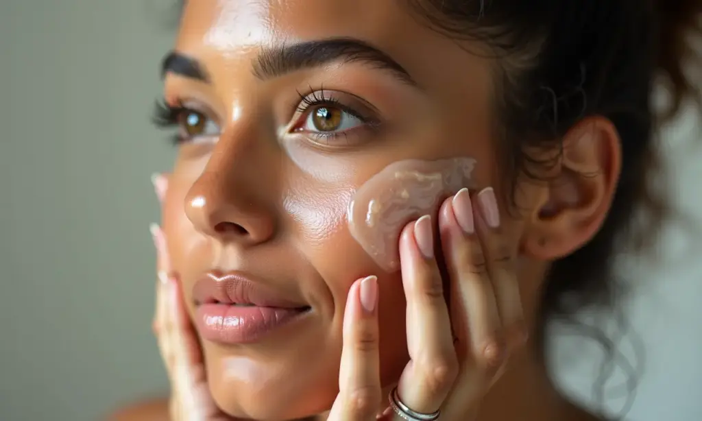 Mulher brasileira aplicando essência facial para uma pele radiante.