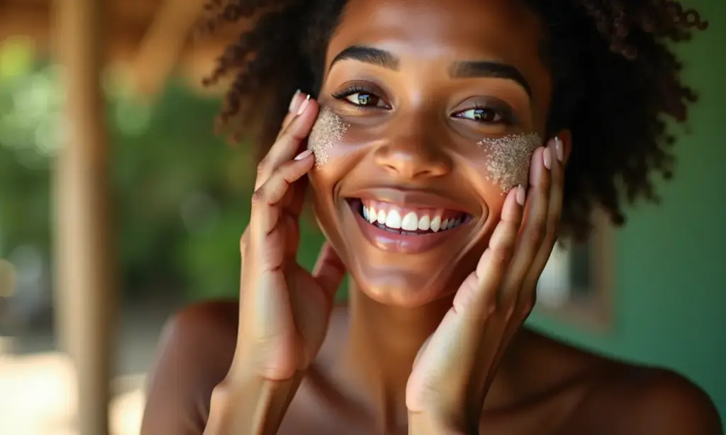 Mulher brasileira aplicando gelo no rosto para cuidados com a pele.