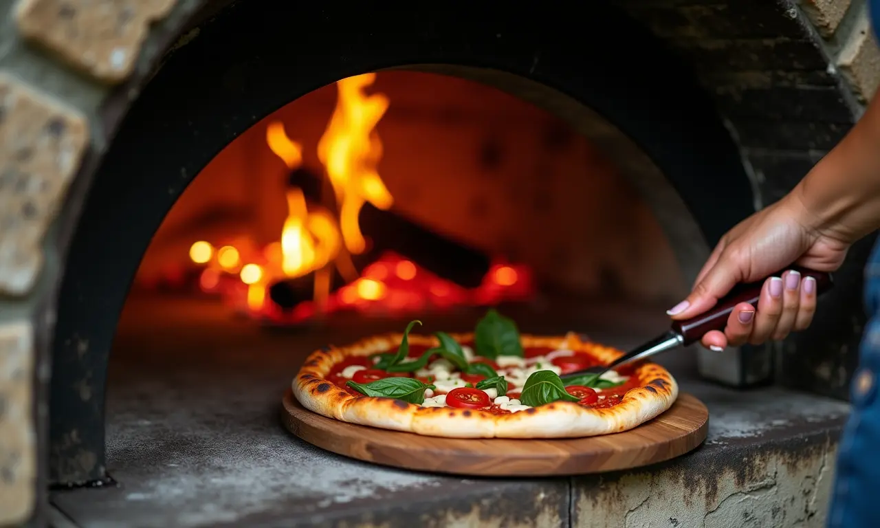Mulher brasileira assando pizza em forno a lenha.