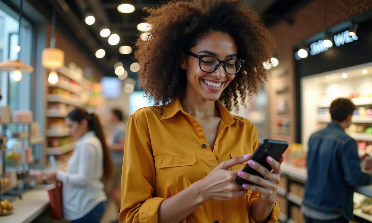 Mulher brasileira calculando gastos em loja nos EUA, atenta aos limites.