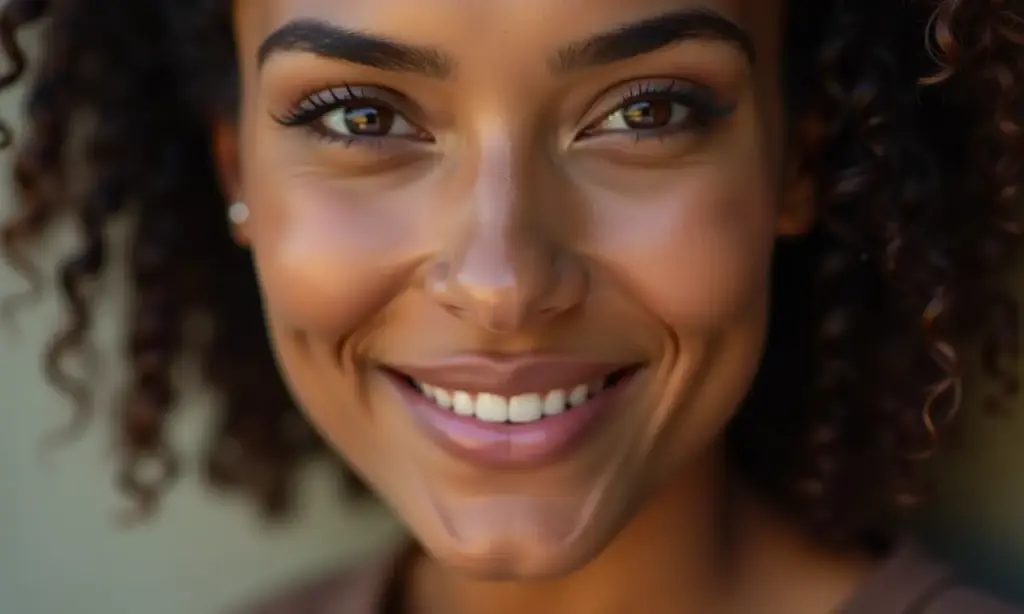 Mulher brasileira com tons de pele outono suave, maquiagem neutra e roupas terrosas.