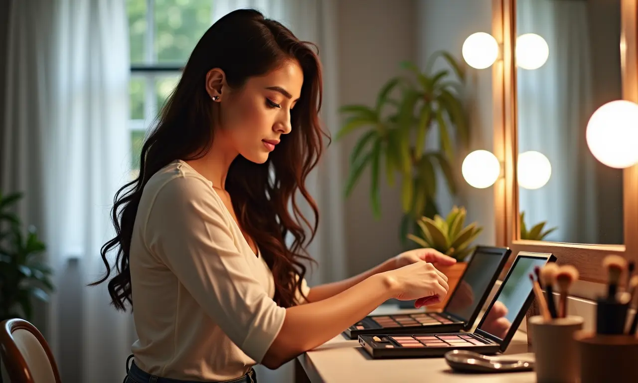 Mulher brasileira organizando maquiagem na penteadeira.