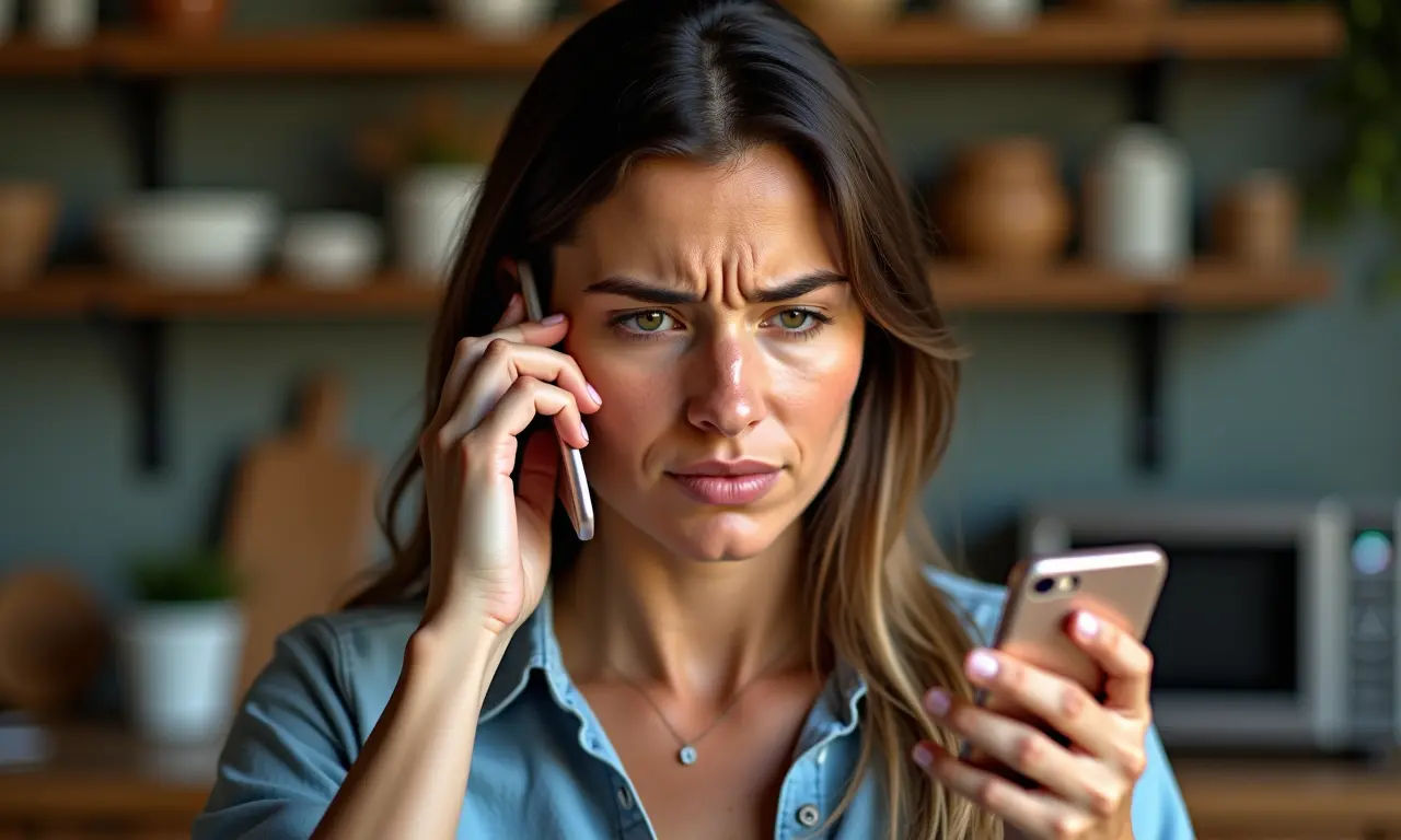 Mulher brasileira preocupada com o custo de uma ligação a cobrar.
