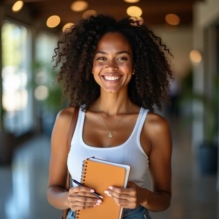 Mulher brasileira sorrindo enquanto planeja sua viagem.