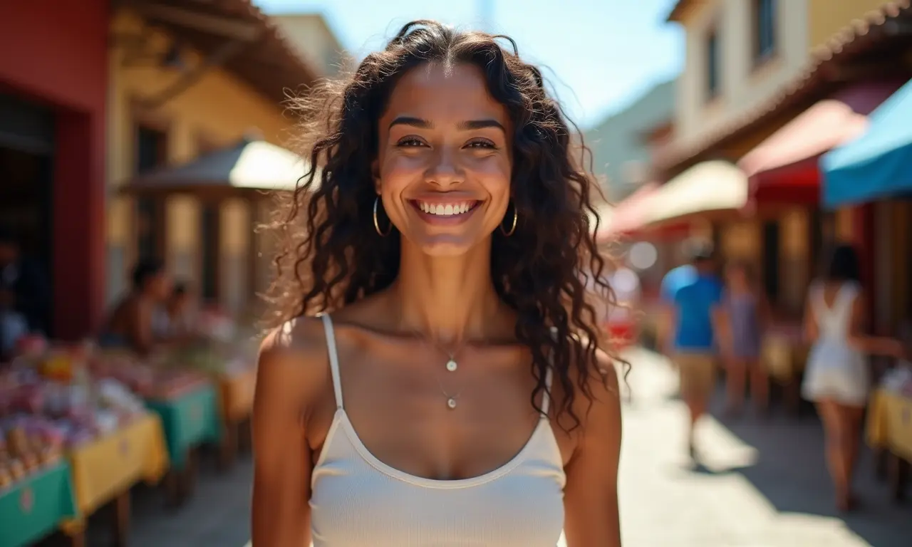 Mulher brasileira sorrindo usando top faixa minimalista em mercado de rua ensolarado.