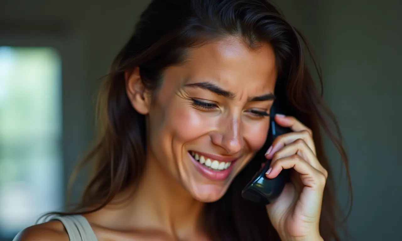 Mulher brasileira tentando fazer uma chamada a cobrar do celular.