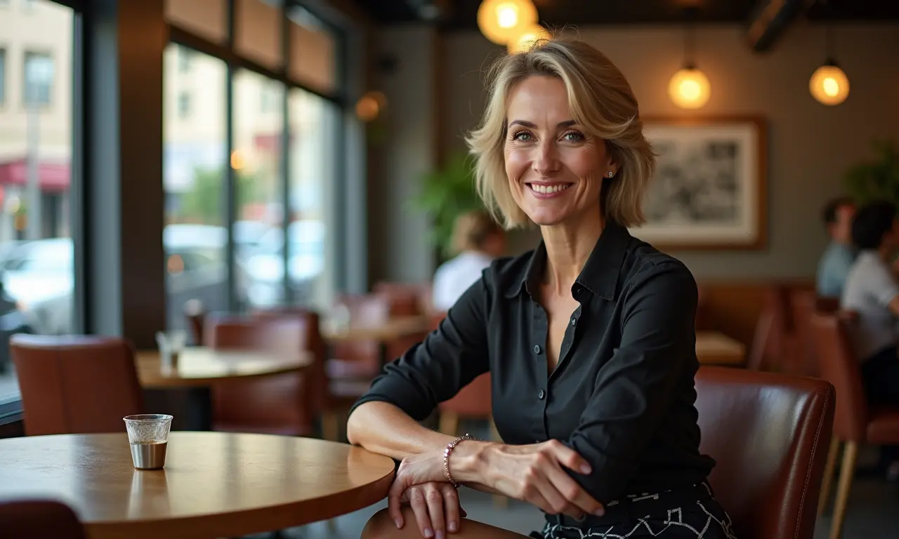 Mulher brasileira vestindo saia lápis em café em São Paulo.